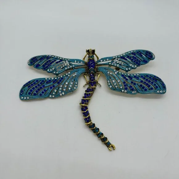 Dragonfly Brooch Articulated Tail Blue Teal Rhinestones Statement 5 inch wide - Picture 2 of 16